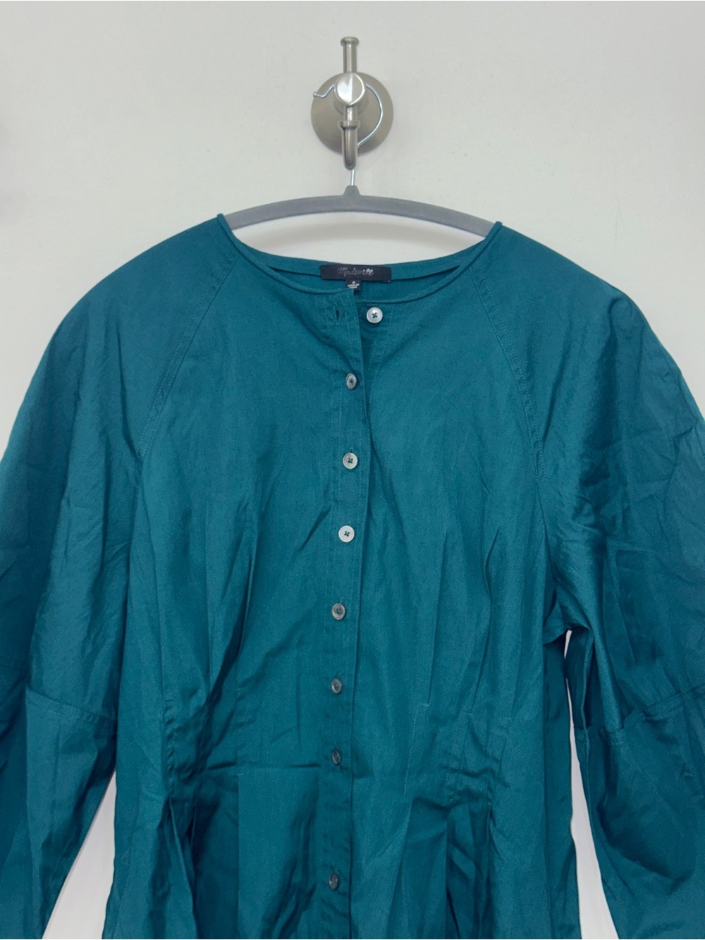 Madewell Sculptural-Sleeve Pleated Mini Shirt Dress Teal Green fit and flare - Picture 7 of 12